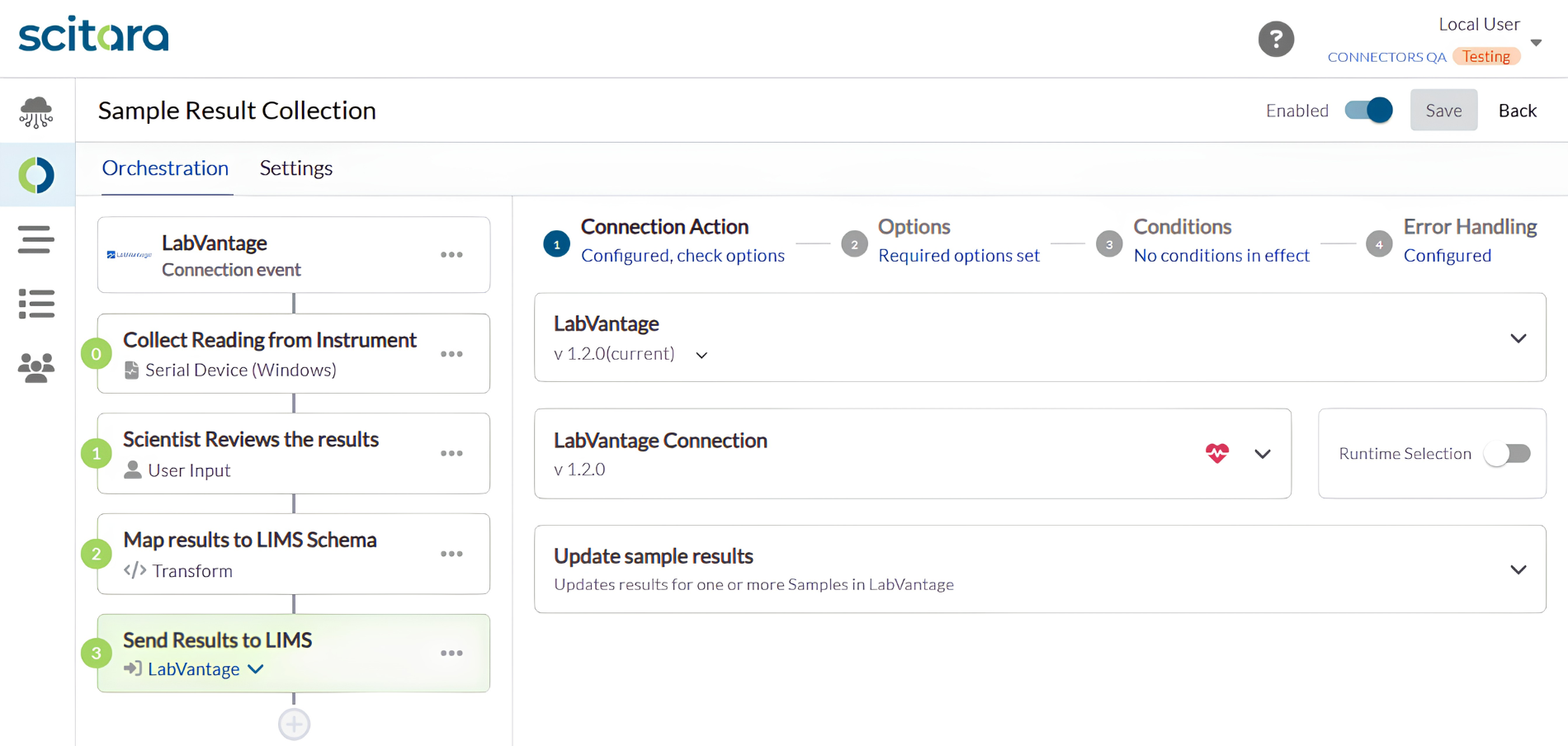 The DLX Orchestration Editor showing a Balance Weighing Lifecycle: a BIOVIA ONE Lab connection event, then step 0 method is sent to the balance via LabX, step 1 retrieve results from LabX, step 2 scientist reviews results by user input, and step 3 send results to LIMS via BIOVIA ONE Lab.